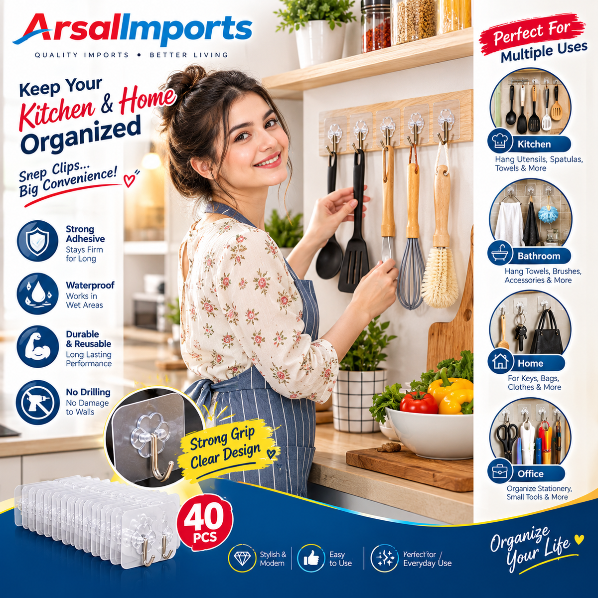 40 Hanging Wall Hook Stickers – Multipurpose Adhesive Hooks