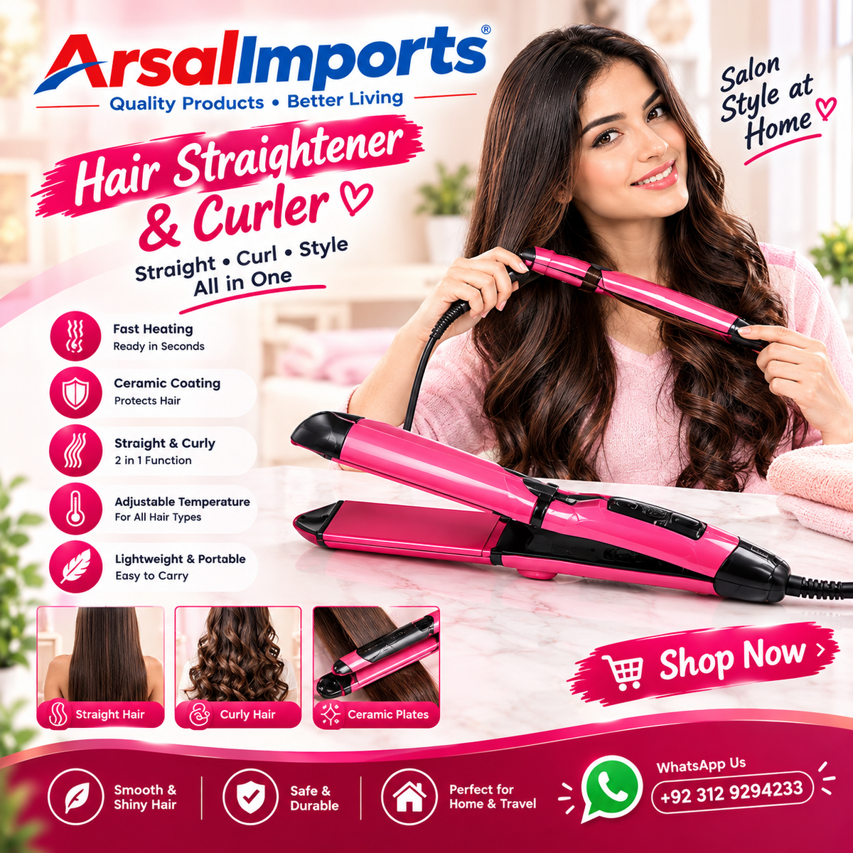 Imported Nova 2 In 1 Hair Curler & Straightener