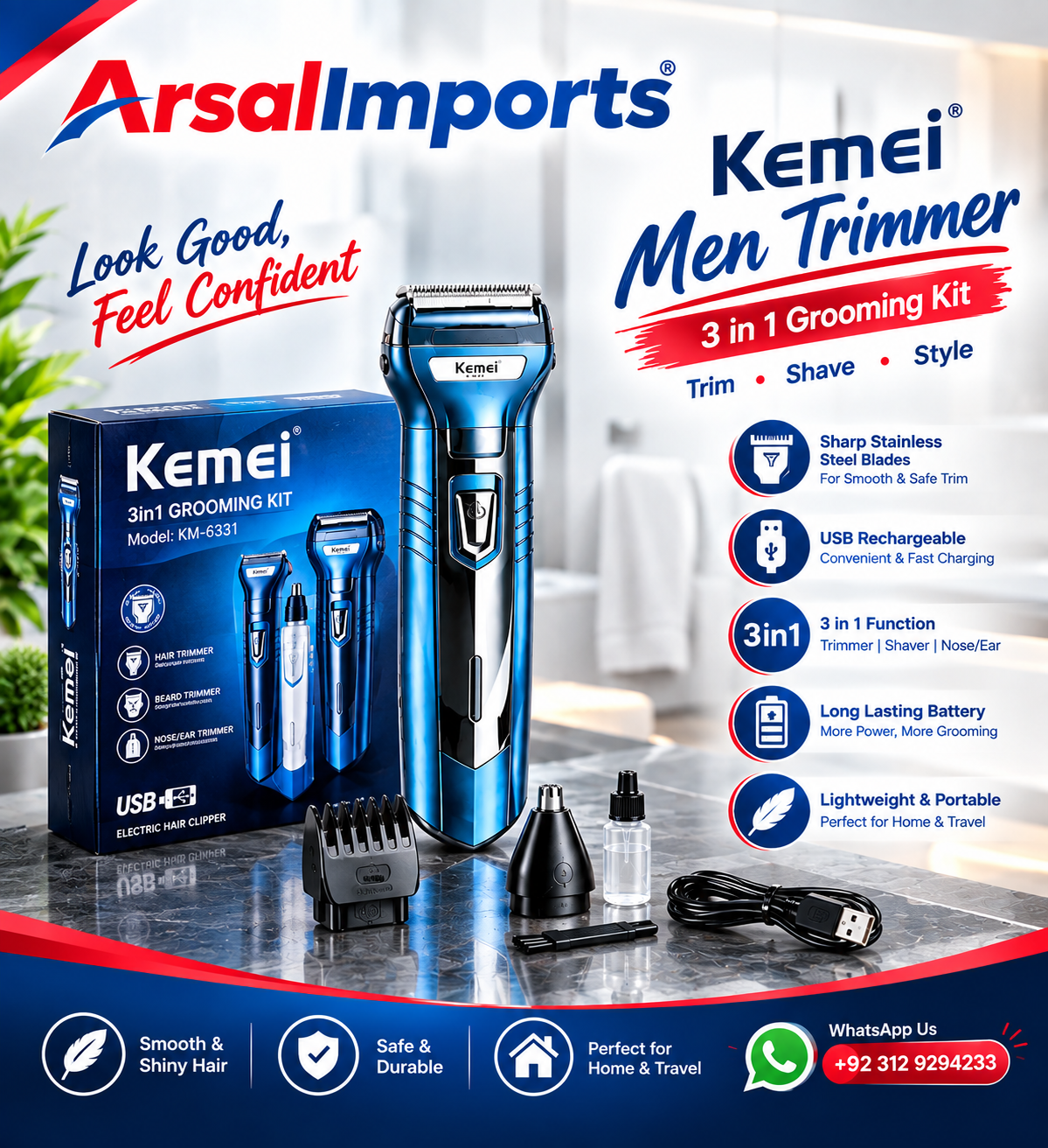 KM-6331 3 in 1 Grooming Kit with USB Charging