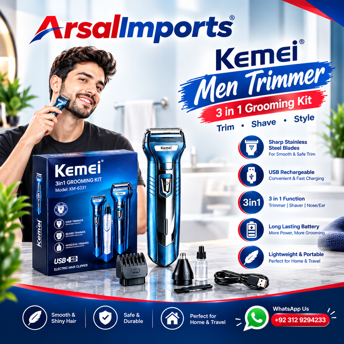 KM-6331 3 in 1 Grooming Kit with USB Charging