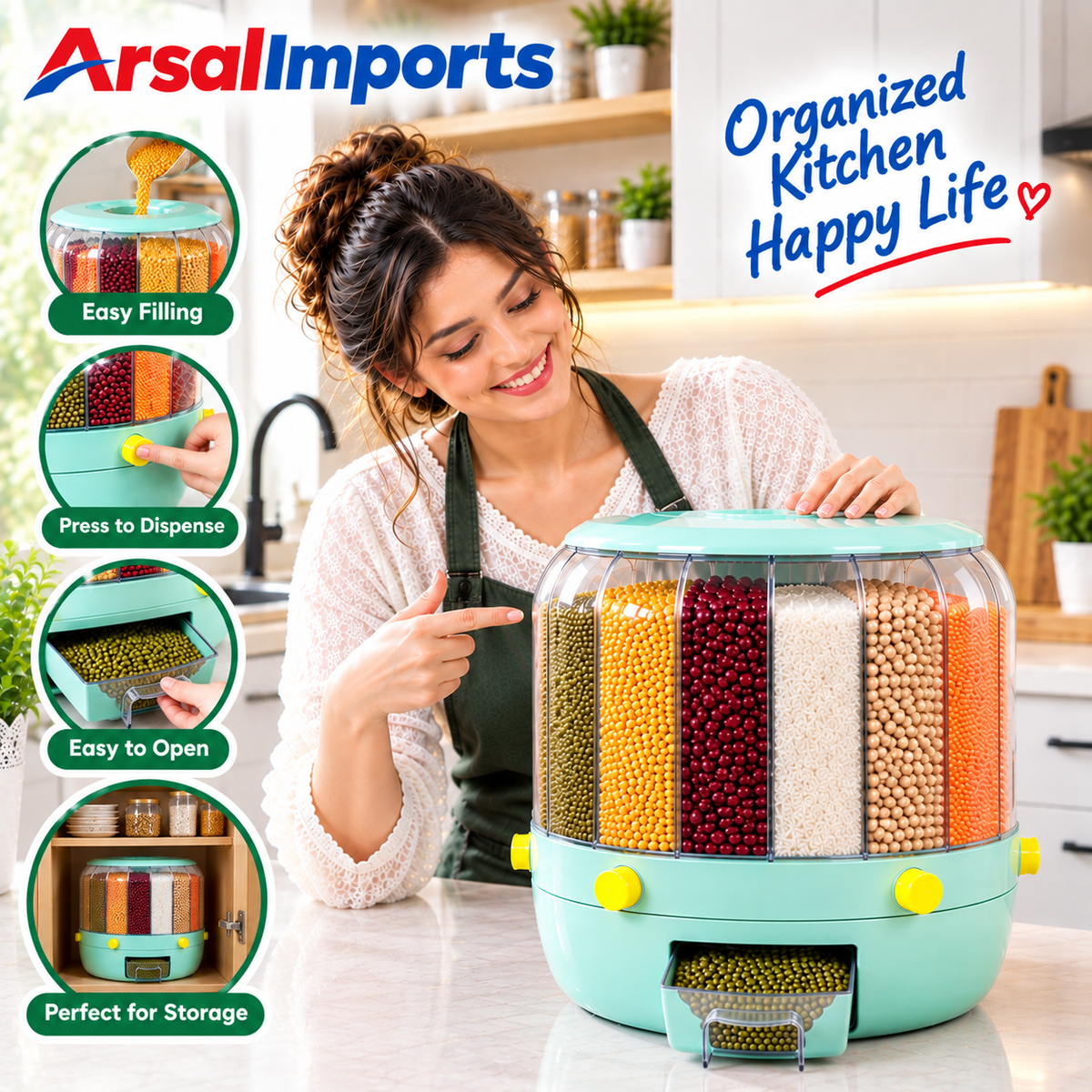 Multi-Compartment Grain & Pulses Storage Jar/Barrel