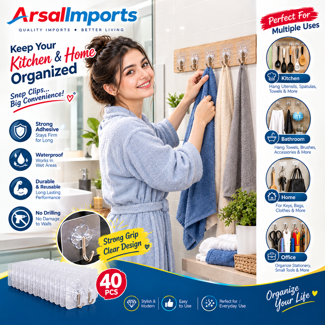 40 Hanging Wall Hook Stickers – Multipurpose Adhesive Hooks