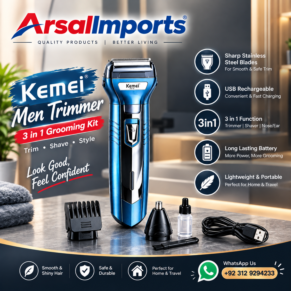 KM-6331 3 in 1 Grooming Kit with USB Charging