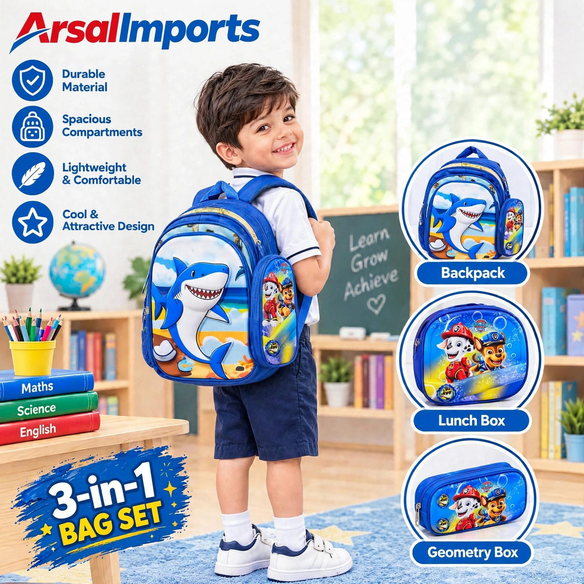 3-in-1 Child Girls/Boys School Bag Set – Backpack, Lunch Box & Geometry Box