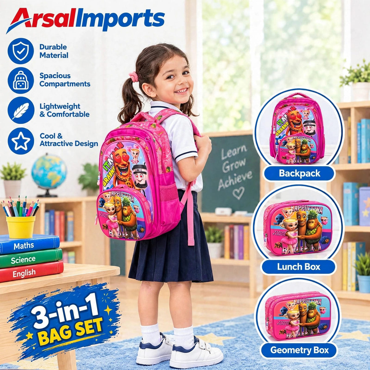 3-in-1 Child Girls/Boys School Bag Set – Backpack, Lunch Box & Geometry Box