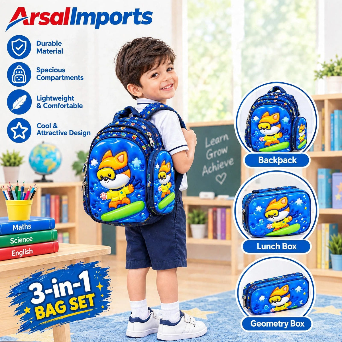 3-in-1 Child Girls/Boys School Bag Set – Backpack, Lunch Box & Geometry Box