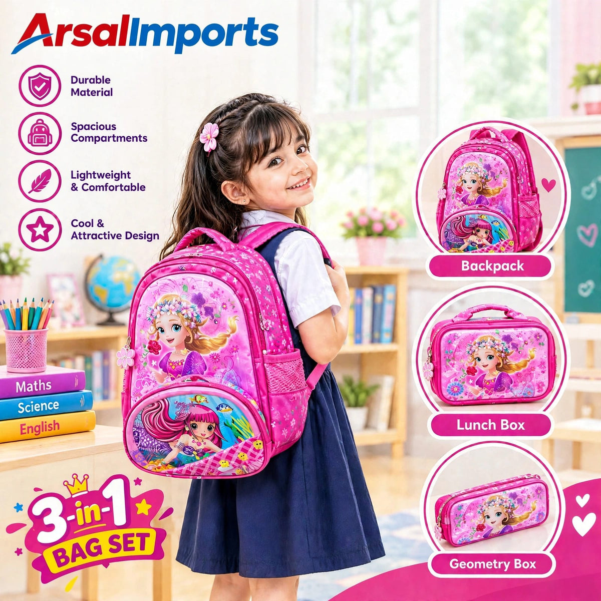 3-in-1 Child Girls/Boys School Bag Set – Backpack, Lunch Box & Geometry Box