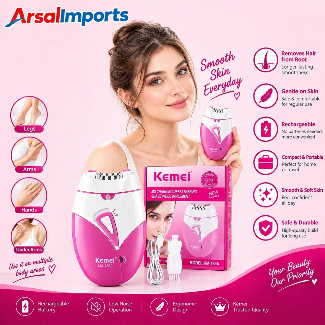 KM-189 Ladies Epilator – Professional Hair Removal Chargeable Device